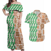 Aloha Hawaii Palaka Tuberose Lei Couples Matching Off Shoulder Maxi Dress and Hawaiian Shirt Hawaiian Quilt Seamless Style LT14 Beige - Polynesian Pride