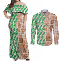 Aloha Hawaii Palaka Tuberose Lei Couples Matching Off Shoulder Maxi Dress and Long Sleeve Button Shirt Hawaiian Quilt Seamless Style LT14 Beige - Polynesian Pride