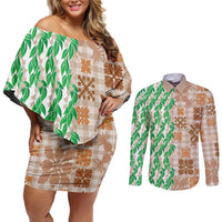 Aloha Hawaii Palaka Tuberose Lei Couples Matching Off Shoulder Short Dress and Long Sleeve Button Shirt Hawaiian Quilt Seamless Style LT14 Beige - Polynesian Pride