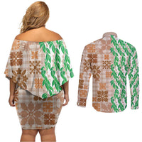 Aloha Hawaii Palaka Tuberose Lei Couples Matching Off Shoulder Short Dress and Long Sleeve Button Shirt Hawaiian Quilt Seamless Style LT14 - Polynesian Pride