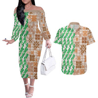 Aloha Hawaii Palaka Tuberose Lei Couples Matching Off The Shoulder Long Sleeve Dress and Hawaiian Shirt Hawaiian Quilt Seamless Style LT14 Beige - Polynesian Pride
