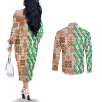 Aloha Hawaii Palaka Tuberose Lei Couples Matching Off The Shoulder Long Sleeve Dress and Long Sleeve Button Shirt Hawaiian Quilt Seamless Style LT14 - Polynesian Pride