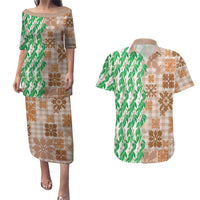 Aloha Hawaii Palaka Tuberose Lei Couples Matching Puletasi and Hawaiian Shirt Hawaiian Quilt Seamless Style LT14 Beige - Polynesian Pride