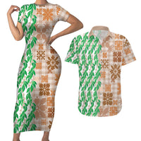 Aloha Hawaii Palaka Tuberose Lei Couples Matching Short Sleeve Bodycon Dress and Hawaiian Shirt Hawaiian Quilt Seamless Style LT14 Beige - Polynesian Pride