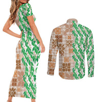 Aloha Hawaii Palaka Tuberose Lei Couples Matching Short Sleeve Bodycon Dress and Long Sleeve Button Shirt Hawaiian Quilt Seamless Style LT14 - Polynesian Pride