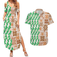 Aloha Hawaii Palaka Tuberose Lei Couples Matching Summer Maxi Dress and Hawaiian Shirt Hawaiian Quilt Seamless Style LT14 Beige - Polynesian Pride