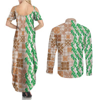 Aloha Hawaii Palaka Tuberose Lei Couples Matching Summer Maxi Dress and Long Sleeve Button Shirt Hawaiian Quilt Seamless Style LT14 - Polynesian Pride