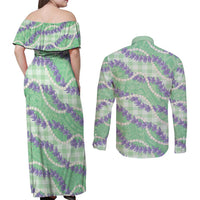 Pastel Green Hawaii Palaka Honohono Pikake Couples Matching Off Shoulder Maxi Dress and Long Sleeve Button Shirt Hawaiian Orchid Lei Polynesian Pattern LT14 - Polynesian Pride