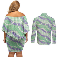 Pastel Green Hawaii Palaka Honohono Pikake Couples Matching Off Shoulder Short Dress and Long Sleeve Button Shirt Hawaiian Orchid Lei Polynesian Pattern LT14 - Polynesian Pride