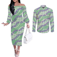 Pastel Green Hawaii Palaka Honohono Pikake Couples Matching Off The Shoulder Long Sleeve Dress and Long Sleeve Button Shirt Hawaiian Orchid Lei Polynesian Pattern LT14 Pastel Green - Polynesian Pride