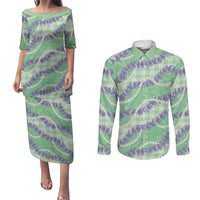 Pastel Green Hawaii Palaka Honohono Pikake Couples Matching Puletasi and Long Sleeve Button Shirt Hawaiian Orchid Lei Polynesian Pattern LT14 Pastel Green - Polynesian Pride