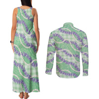 Pastel Green Hawaii Palaka Honohono Pikake Couples Matching Tank Maxi Dress and Long Sleeve Button Shirt Hawaiian Orchid Lei Polynesian Pattern LT14 - Polynesian Pride