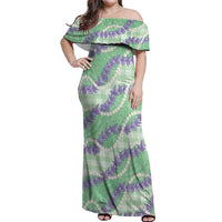 Pastel Green Hawaii Palaka Honohono Pikake Off Shoulder Maxi Dress Hawaiian Orchid Lei Polynesian Pattern LT14 Women Pastel Green - Polynesian Pride