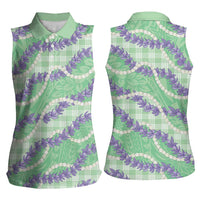 Pastel Green Hawaii Palaka Honohono Pikake Women Sleeveless Polo Shirt Hawaiian Orchid Lei Polynesian Pattern LT14 - Polynesian Pride