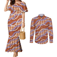 Orange Hawaii Palaka Honohono Pikake Couples Matching Mermaid Dress and Long Sleeve Button Shirt Hawaiian Orchid Lei Polynesian Pattern LT14 Orange - Polynesian Pride