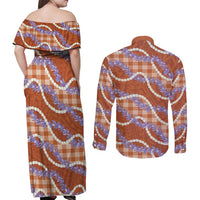 Orange Hawaii Palaka Honohono Pikake Couples Matching Off Shoulder Maxi Dress and Long Sleeve Button Shirt Hawaiian Orchid Lei Polynesian Pattern LT14 - Polynesian Pride