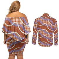 Orange Hawaii Palaka Honohono Pikake Couples Matching Off Shoulder Short Dress and Long Sleeve Button Shirt Hawaiian Orchid Lei Polynesian Pattern LT14 - Polynesian Pride