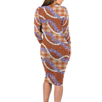 Orange Hawaii Palaka Honohono Pikake Long Sleeve Bodycon Dress Hawaiian Orchid Lei Polynesian Pattern LT14 - Polynesian Pride