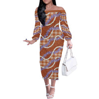 Orange Hawaii Palaka Honohono Pikake Off The Shoulder Long Sleeve Dress Hawaiian Orchid Lei Polynesian Pattern LT14 Women Orange - Polynesian Pride