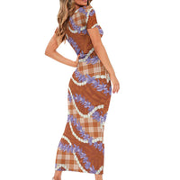 Orange Hawaii Palaka Honohono Pikake Short Sleeve Bodycon Dress Hawaiian Orchid Lei Polynesian Pattern LT14 - Polynesian Pride