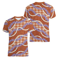 Orange Hawaii Palaka Honohono Pikake Women V-Neck T-Shirt Hawaiian Orchid Lei Polynesian Pattern LT14 - Polynesian Pride
