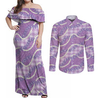 Purple Hawaii Palaka Honohono Pikake Couples Matching Off Shoulder Maxi Dress and Long Sleeve Button Shirt Hawaiian Orchid Lei Polynesian Pattern LT14 Purple - Polynesian Pride