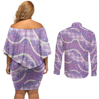 Purple Hawaii Palaka Honohono Pikake Couples Matching Off Shoulder Short Dress and Long Sleeve Button Shirt Hawaiian Orchid Lei Polynesian Pattern LT14 - Polynesian Pride