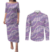 Purple Hawaii Palaka Honohono Pikake Couples Matching Puletasi and Long Sleeve Button Shirt Hawaiian Orchid Lei Polynesian Pattern LT14 Purple - Polynesian Pride