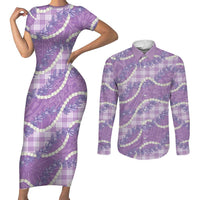 Purple Hawaii Palaka Honohono Pikake Couples Matching Short Sleeve Bodycon Dress and Long Sleeve Button Shirt Hawaiian Orchid Lei Polynesian Pattern LT14 Purple - Polynesian Pride