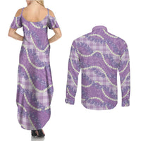 Purple Hawaii Palaka Honohono Pikake Couples Matching Summer Maxi Dress and Long Sleeve Button Shirt Hawaiian Orchid Lei Polynesian Pattern LT14 - Polynesian Pride