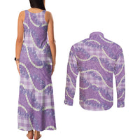 Purple Hawaii Palaka Honohono Pikake Couples Matching Tank Maxi Dress and Long Sleeve Button Shirt Hawaiian Orchid Lei Polynesian Pattern LT14 - Polynesian Pride