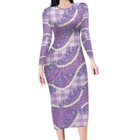 Purple Hawaii Palaka Honohono Pikake Long Sleeve Bodycon Dress Hawaiian Orchid Lei Polynesian Pattern LT14 Long Dress Purple - Polynesian Pride