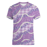 Purple Hawaii Palaka Honohono Pikake Women V-Neck T-Shirt Hawaiian Orchid Lei Polynesian Pattern LT14 Female Purple - Polynesian Pride