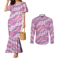 Pink Hawaii Palaka Honohono Pikake Couples Matching Mermaid Dress and Long Sleeve Button Shirt Hawaiian Orchid Lei Polynesian Pattern LT14 Pink - Polynesian Pride