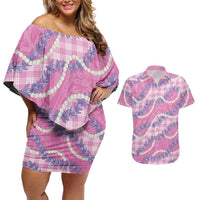 Pink Hawaii Palaka Honohono Pikake Couples Matching Off Shoulder Short Dress and Hawaiian Shirt Hawaiian Orchid Lei Polynesian Pattern LT14 Pink - Polynesian Pride