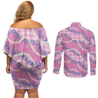 Pink Hawaii Palaka Honohono Pikake Couples Matching Off Shoulder Short Dress and Long Sleeve Button Shirt Hawaiian Orchid Lei Polynesian Pattern LT14 - Polynesian Pride