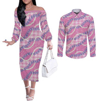 Pink Hawaii Palaka Honohono Pikake Couples Matching Off The Shoulder Long Sleeve Dress and Long Sleeve Button Shirt Hawaiian Orchid Lei Polynesian Pattern LT14 Pink - Polynesian Pride