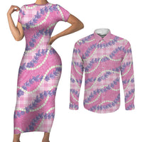 Pink Hawaii Palaka Honohono Pikake Couples Matching Short Sleeve Bodycon Dress and Long Sleeve Button Shirt Hawaiian Orchid Lei Polynesian Pattern LT14 Pink - Polynesian Pride