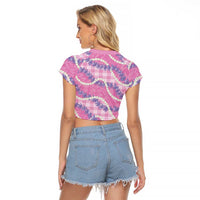 Pink Hawaii Palaka Honohono Pikake Raglan Cropped T Shirt Hawaiian Orchid Lei Polynesian Pattern - Polynesian Pride