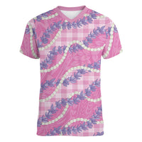 Pink Hawaii Palaka Honohono Pikake Women V-Neck T-Shirt Hawaiian Orchid Lei Polynesian Pattern LT14 Female Pink - Polynesian Pride