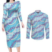 Blue Hawaii Palaka Honohono Pikake Couples Matching Long Sleeve Bodycon Dress and Long Sleeve Button Shirt Hawaiian Orchid Lei Polynesian Pattern LT14 Blue - Polynesian Pride