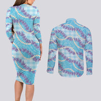 Blue Hawaii Palaka Honohono Pikake Couples Matching Long Sleeve Bodycon Dress and Long Sleeve Button Shirt Hawaiian Orchid Lei Polynesian Pattern LT14 - Polynesian Pride