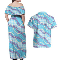 Blue Hawaii Palaka Honohono Pikake Couples Matching Off Shoulder Maxi Dress and Hawaiian Shirt Hawaiian Orchid Lei Polynesian Pattern LT14 - Polynesian Pride