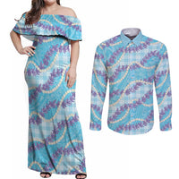 Blue Hawaii Palaka Honohono Pikake Couples Matching Off Shoulder Maxi Dress and Long Sleeve Button Shirt Hawaiian Orchid Lei Polynesian Pattern LT14 Blue - Polynesian Pride