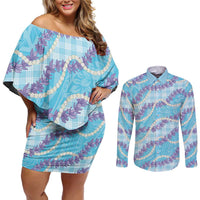 Blue Hawaii Palaka Honohono Pikake Couples Matching Off Shoulder Short Dress and Long Sleeve Button Shirt Hawaiian Orchid Lei Polynesian Pattern LT14 Blue - Polynesian Pride