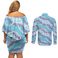 Blue Hawaii Palaka Honohono Pikake Couples Matching Off Shoulder Short Dress and Long Sleeve Button Shirt Hawaiian Orchid Lei Polynesian Pattern LT14 - Polynesian Pride