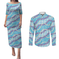 Blue Hawaii Palaka Honohono Pikake Couples Matching Puletasi and Long Sleeve Button Shirt Hawaiian Orchid Lei Polynesian Pattern LT14 Blue - Polynesian Pride