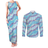 Blue Hawaii Palaka Honohono Pikake Couples Matching Tank Maxi Dress and Long Sleeve Button Shirt Hawaiian Orchid Lei Polynesian Pattern LT14 Blue - Polynesian Pride