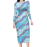 Blue Hawaii Palaka Honohono Pikake Family Matching Long Sleeve Bodycon Dress and Hawaiian Shirt Hawaiian Orchid Lei Polynesian Pattern LT14 Blue - Polynesian Pride