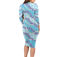 Blue Hawaii Palaka Honohono Pikake Long Sleeve Bodycon Dress Hawaiian Orchid Lei Polynesian Pattern LT14 - Polynesian Pride